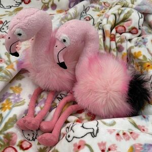 Plush Pair of Pink Flamingos with Fluffy Pom Tails Twins! 17” Tall